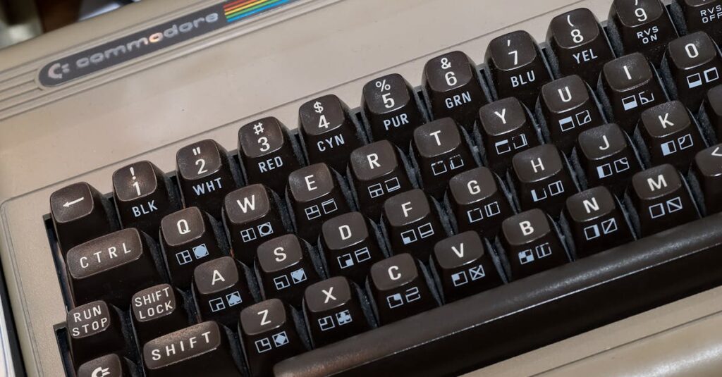 Detailed view of the classic Commodore 64 keyboard showcasing its vintage keys and design.