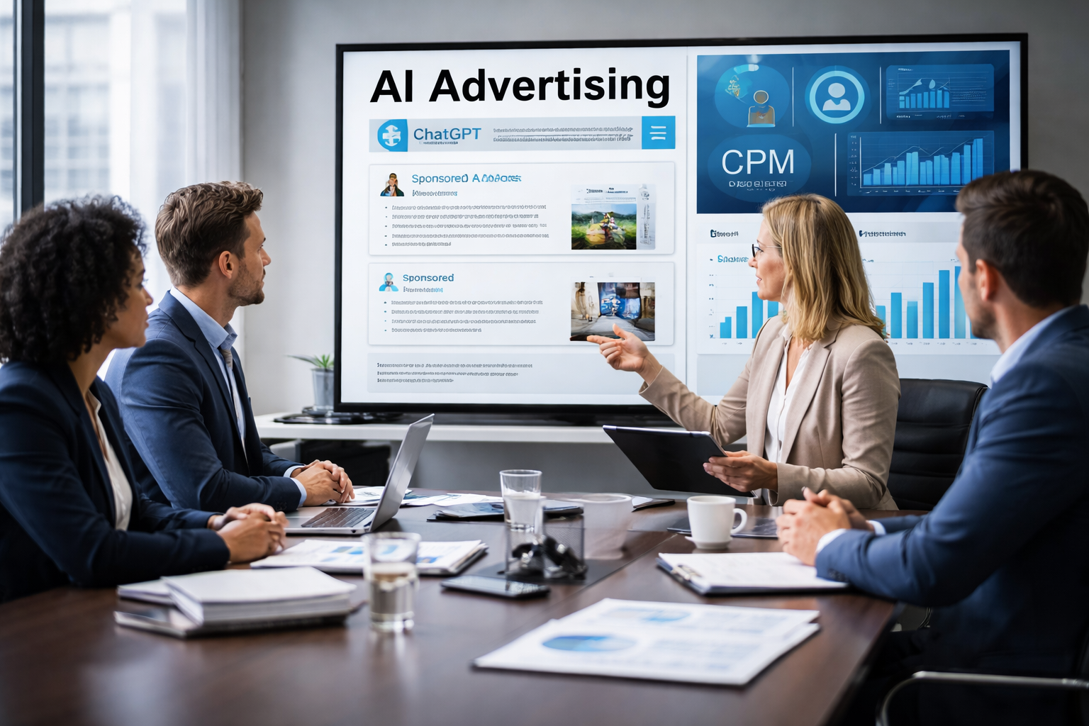 Korporativni sastanak marketinškog tima u modernoj sali za sastanke, sa prezentacijom o AI oglašavanju, CPM modelima i oglasima u AI pretrazi na velikom ekranu.